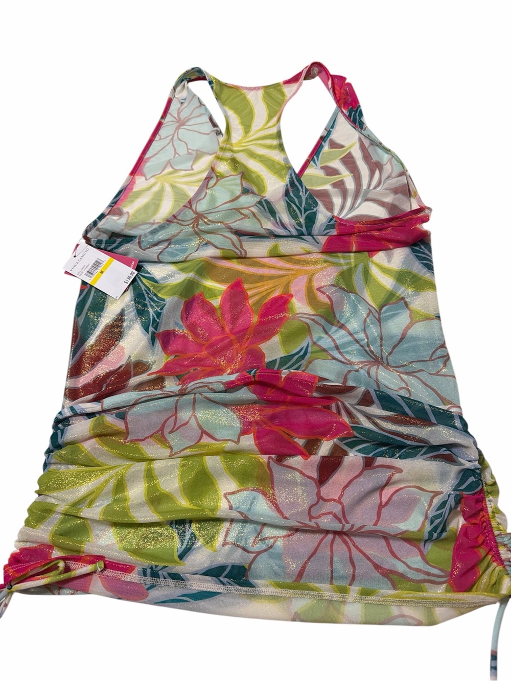 NWT Vince Camuto Swim Size M Racer Back Cover Up Dress Ruched Side Floral Palm - Picture 9 of 13